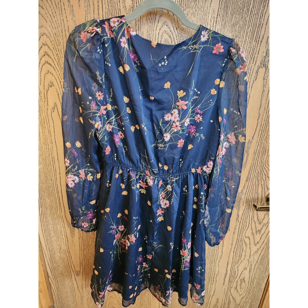 Cupshe Blue Floral Mock Wrap Long Sleeve Tea Dress - Size M - Picture 2 of 4